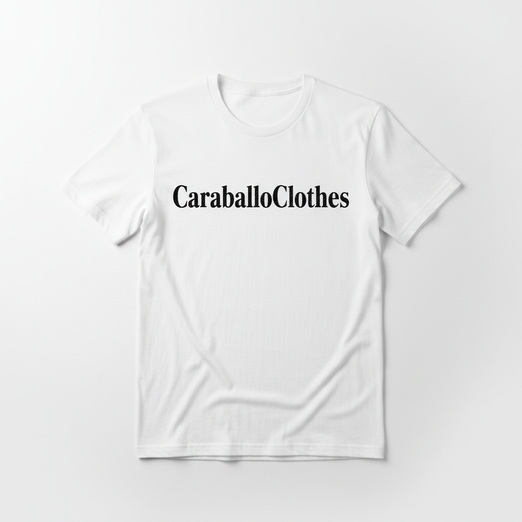 White t-shirt with CaraballoClothes brand printed on the front