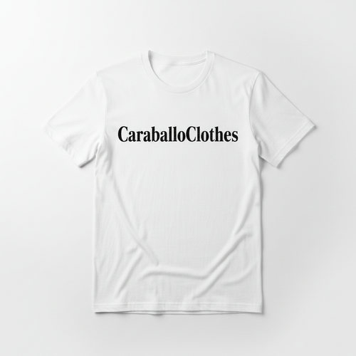 White t-shirt with CaraballoClothes brand printed on the front